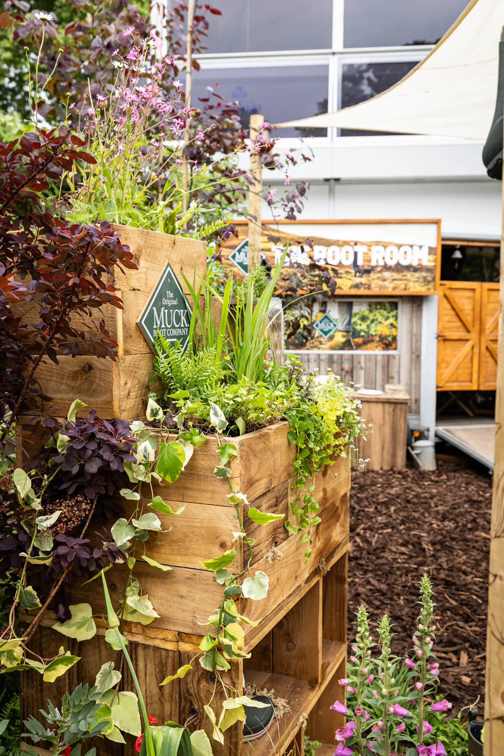 A vertical garden with various leafy plants, positioned against a wooden structure and a modern building backdrop.
