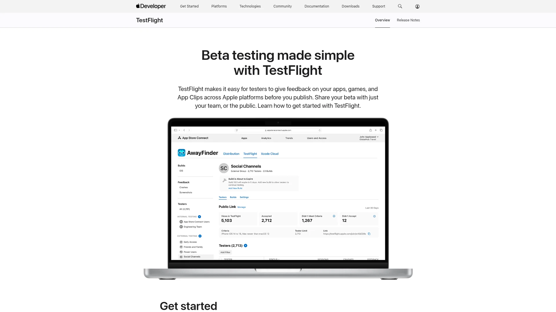 The Apple TestFlight developer page showing beta testing features for iOS apps.