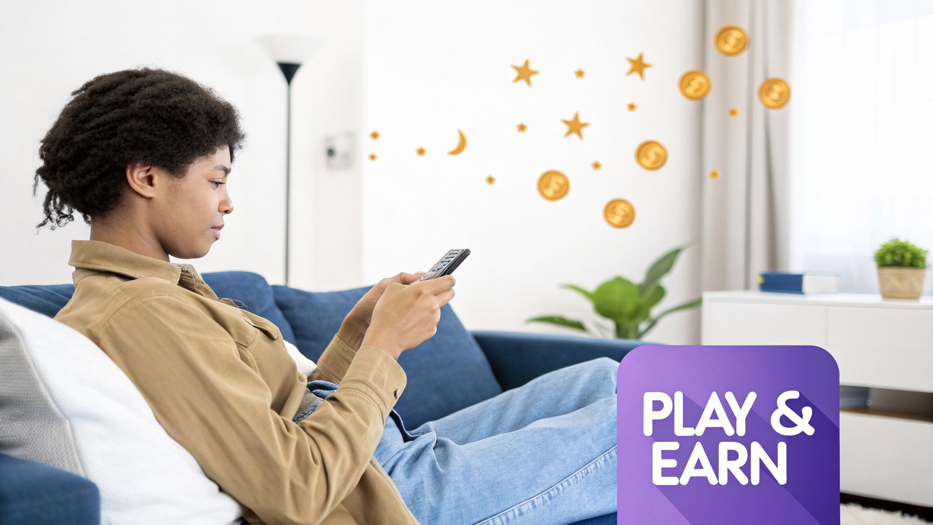 A person on a blue couch using a phone, with gold coins and stars, and 'PLAY & EARN' text.