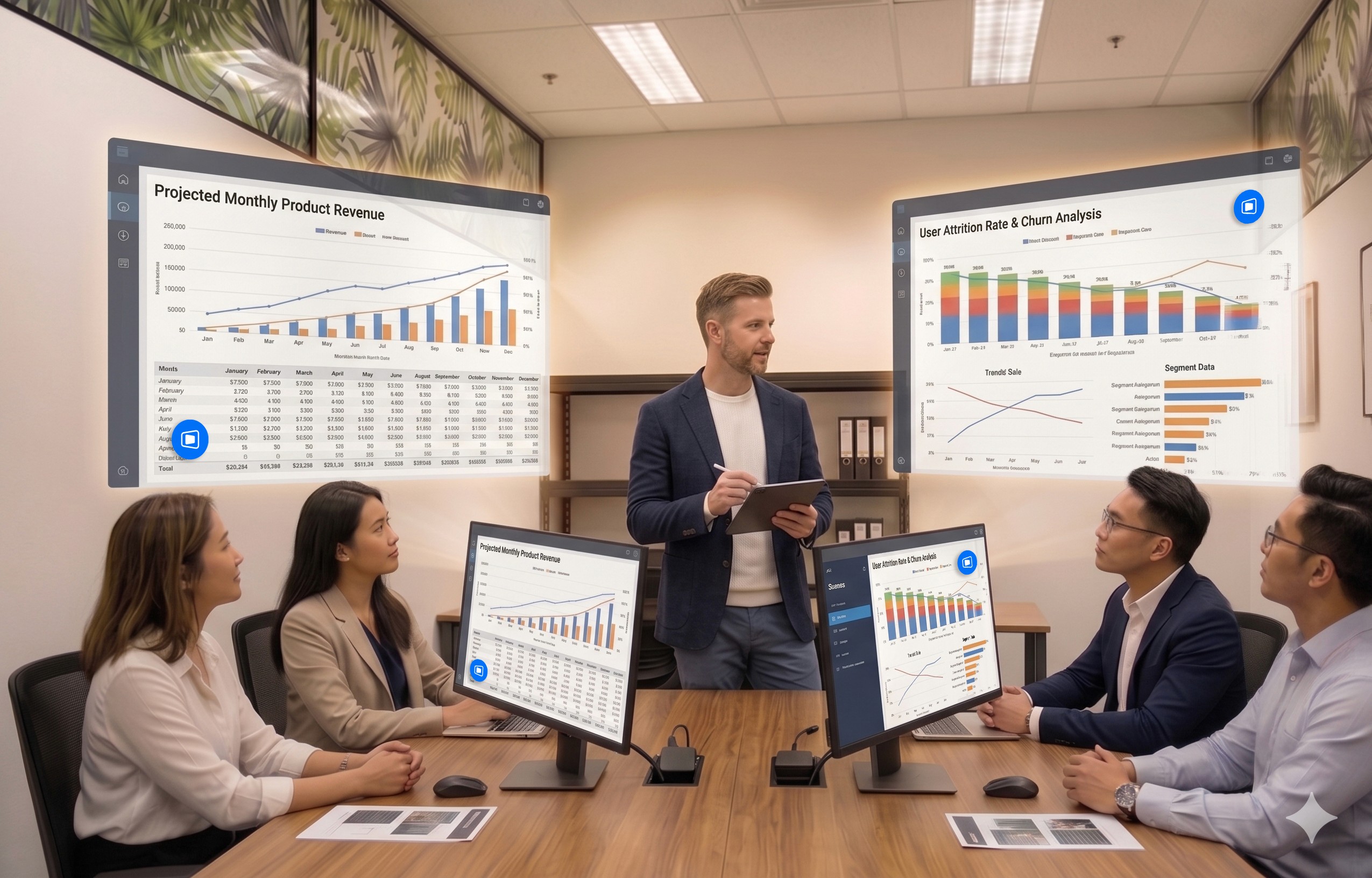 finance manager presenting SaaS service to clients via remote desktop at Deskimo private meetting room