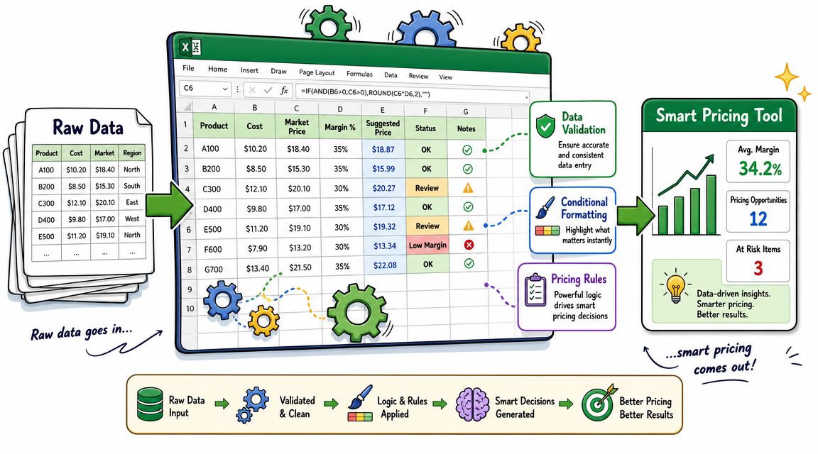 A diagram illustrating how raw data is processed in Excel to generate smart pricing insights.