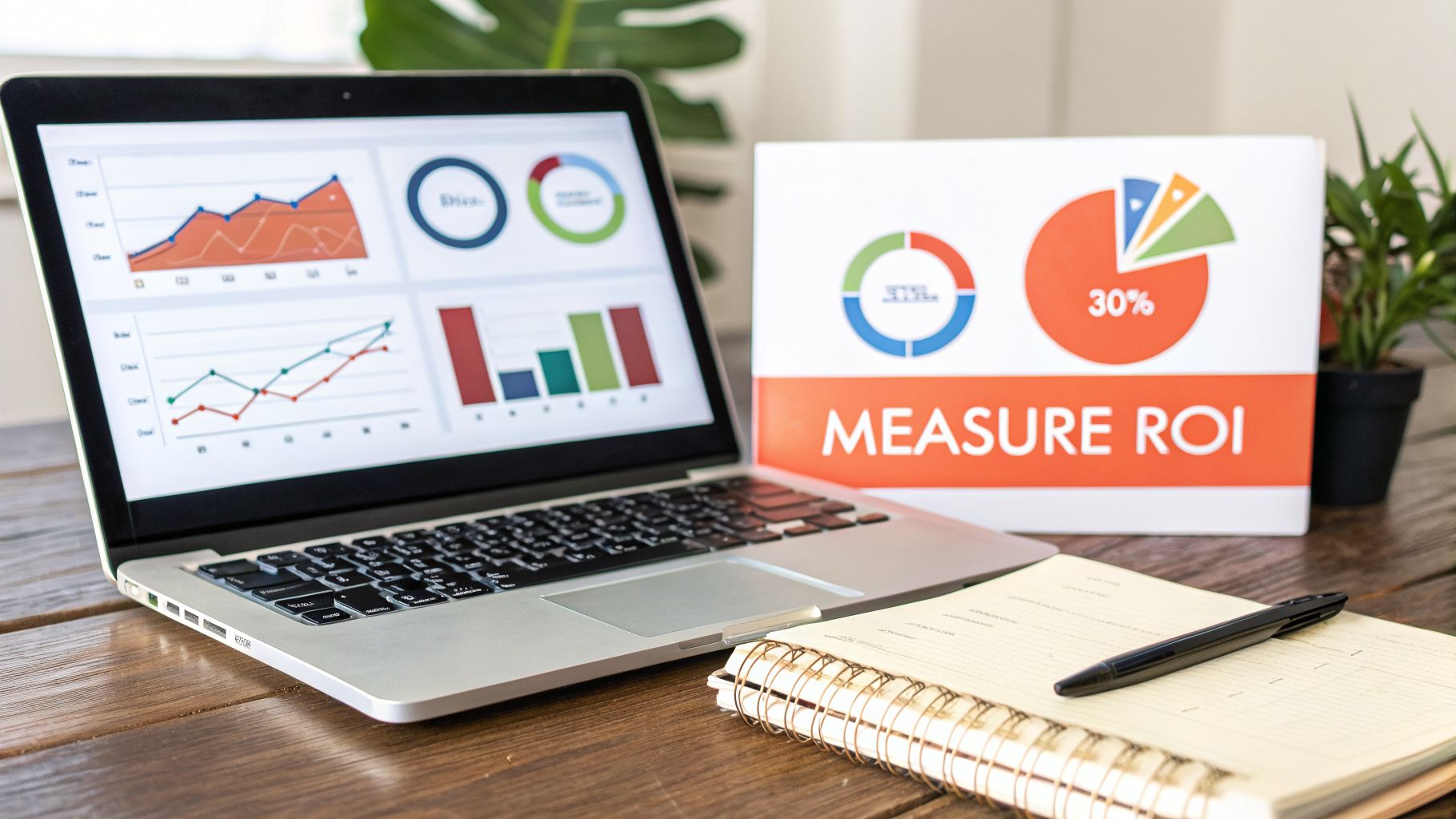 Laptop displaying business charts and graphs next to a 'MEASURE ROI' binder and notepad on a wooden desk.