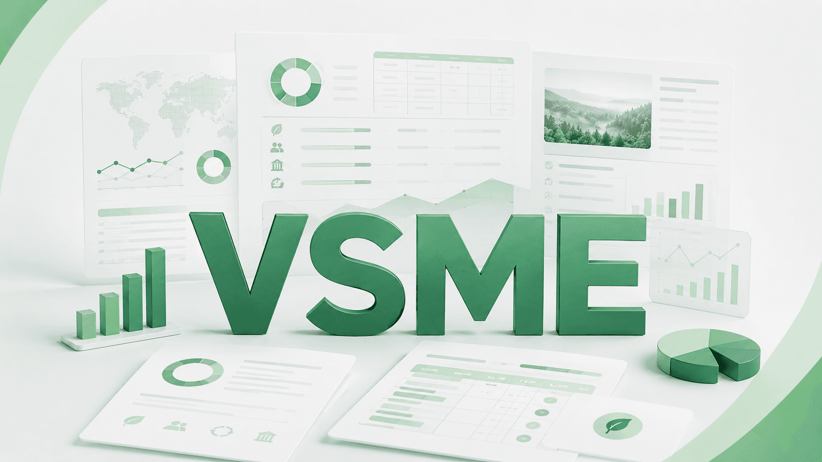 Image de couverture pour un article sur les normes VSME, montrant de grandes lettres vertes « VSME » entourées de rapports de durabilité, de tableaux de bord ESG, de graphiques et de visualisations de données environnementales sur un fond clair et épuré.