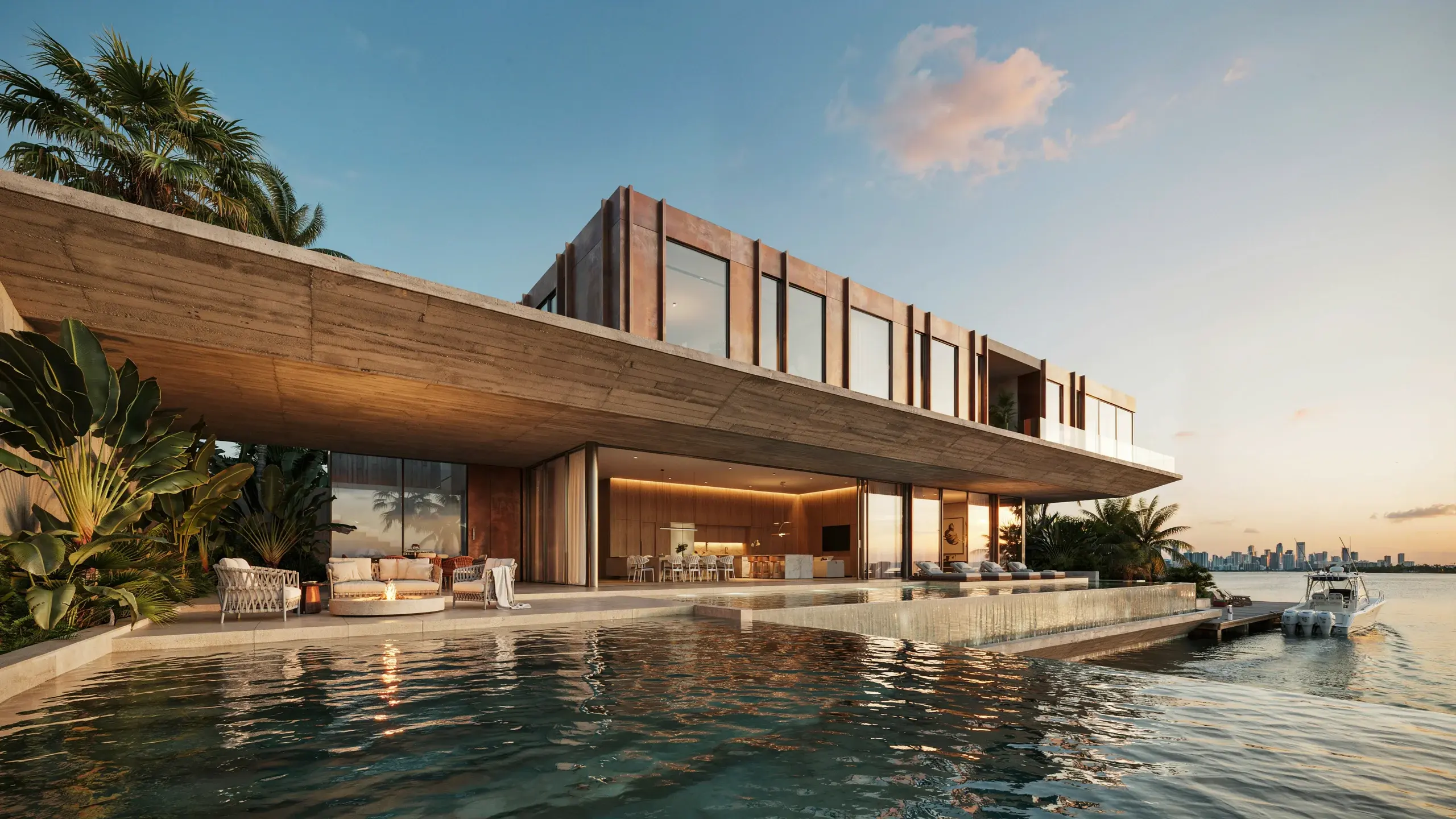 Modern luxury waterfront villa at sunset with an infinity pool, outdoor lounge, private boat dock, and distant city skyline.