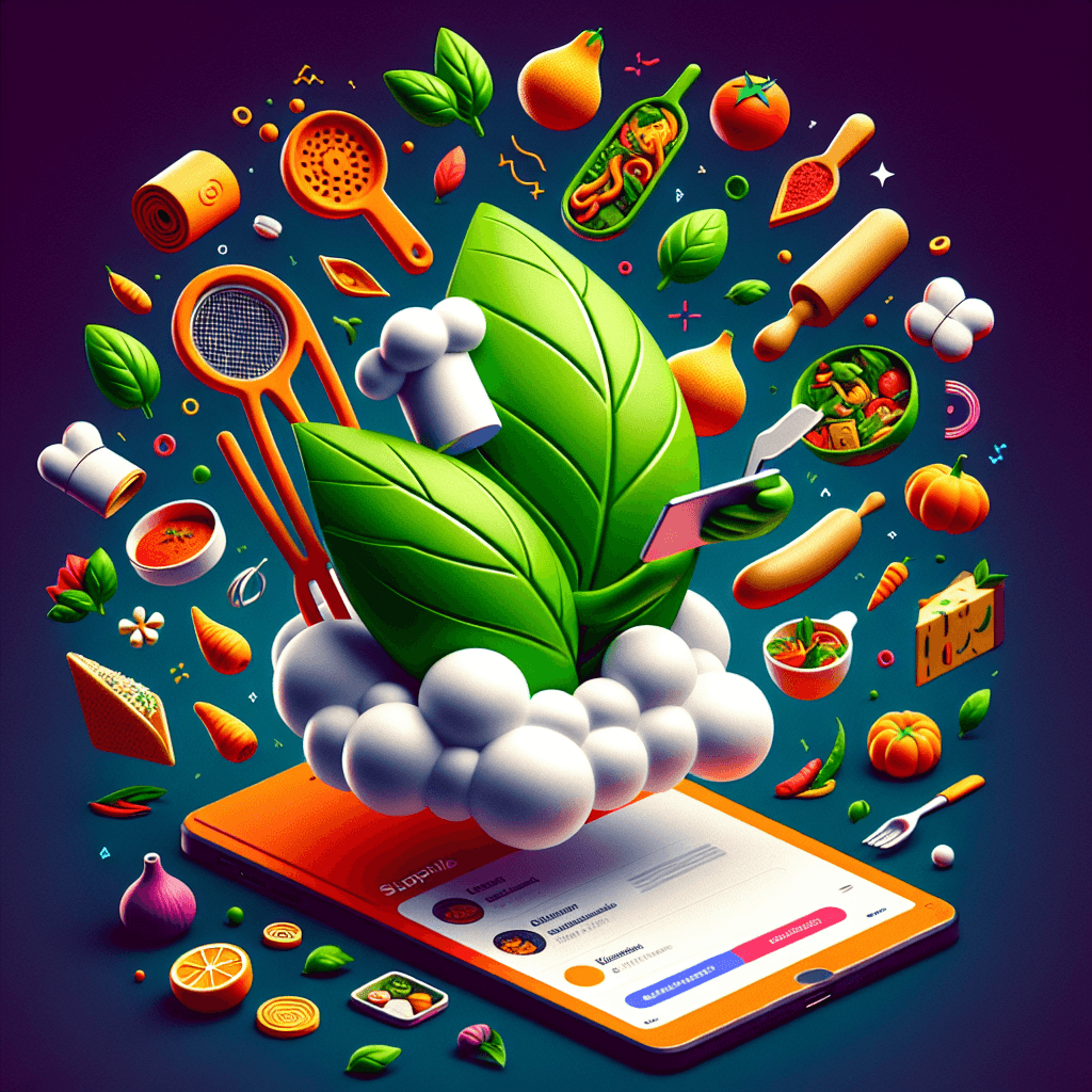 Bunte, digitale Illustration eines Smartphones, aus dem große grüne Blätter, Kochutensilien und Lebensmittel wie Tomaten, Karotten und Pasta förmlich herausfliegen – symbolisiert eine moderne Koch-App mit Fokus auf gesunde, pflanzliche Ernährung und mobile Rezeptnutzung.