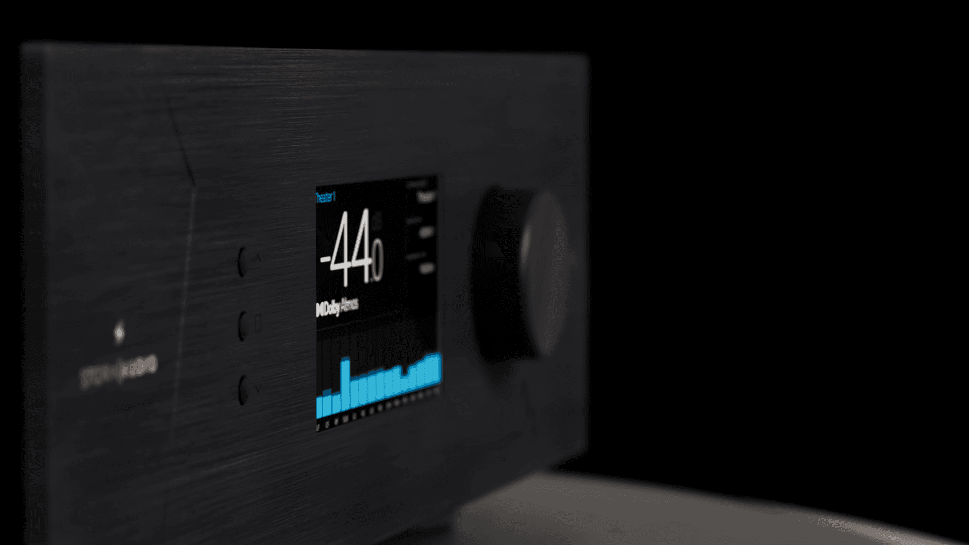 Black media receiver with digital display and knob