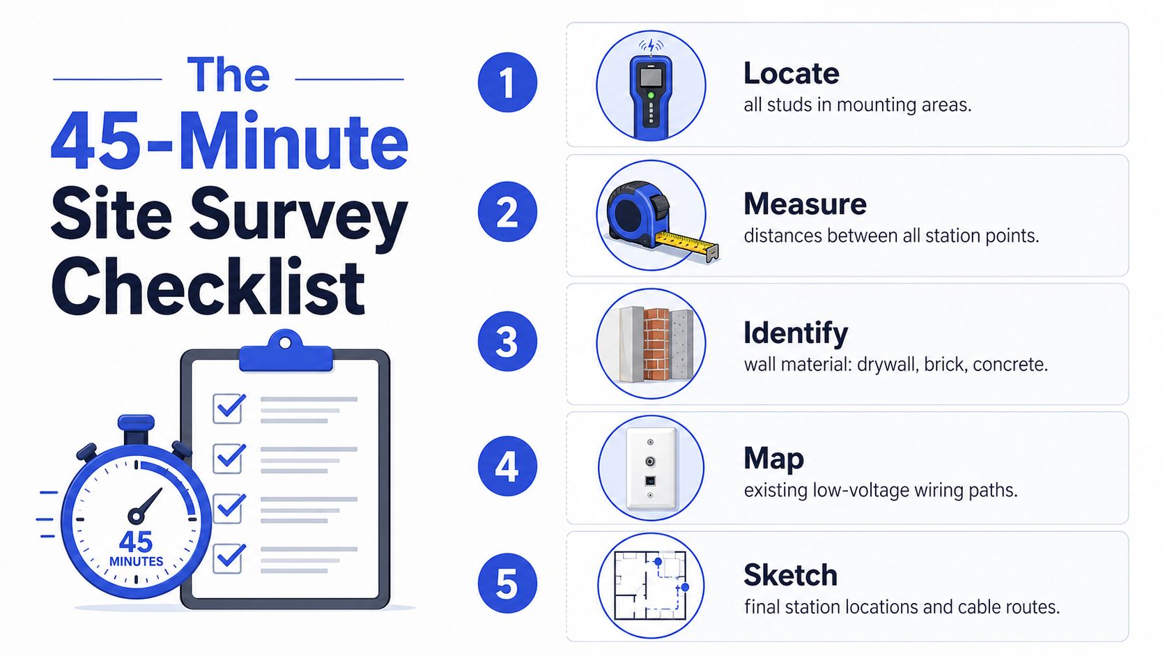 A 45-minute site survey checklist infographic for planning the professional installation of an intercom or security system.