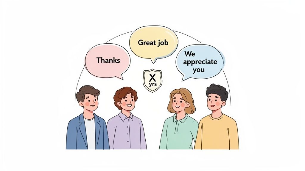 A group of happy employees gathered together with appreciation speech bubbles and a service anniversary shield icon.