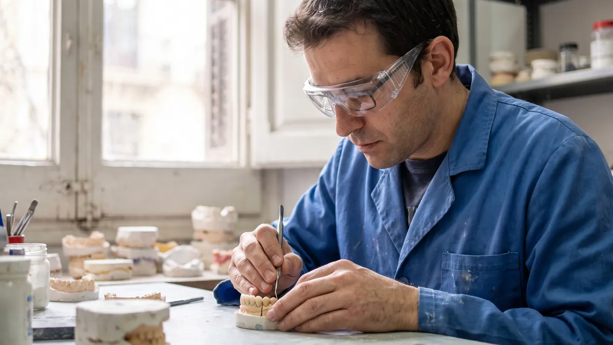 Protésico dental con bata azul y gafas de protección trabaja una prótesis sobre un modelo de escayola en un laboratorio con luz natural