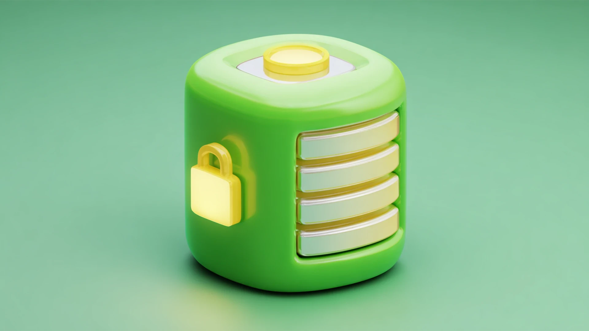 Vihreä tietokantaikoni, jossa on lukon symboli, kuvastaa tietojen turvallista säilyttämistä digitaalisessa järjestelmässä.