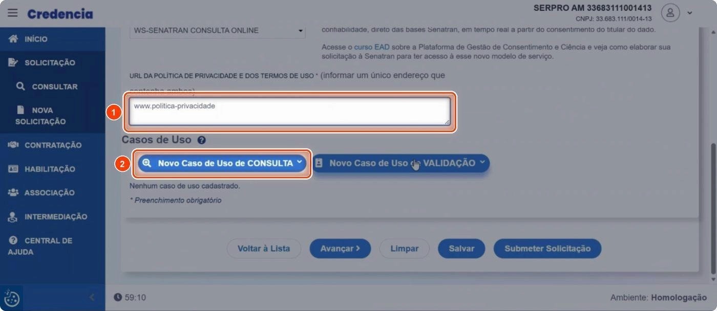 Captura de tela de referência do Credencia para Passo 3 — Informar a política de privacidade e abrir um caso de uso de consulta. Contexto: 40 — Revisão — Solicitação de consulta.
