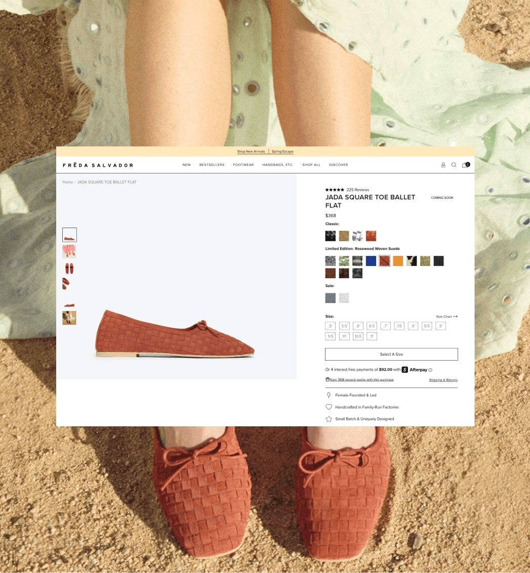 Freda Salvador Shopify product detail page featuring suede footwear with color variants