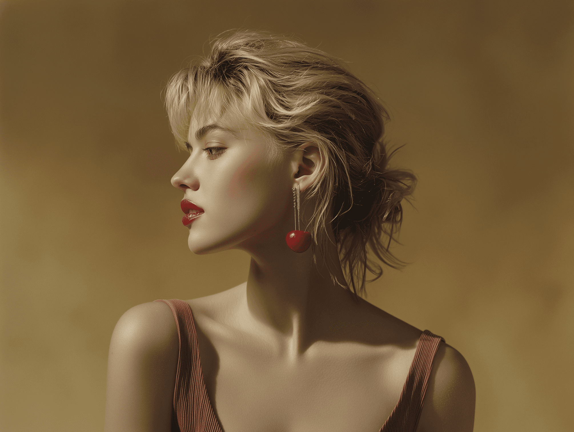 Woman wearing cherry-red drop earrings against a warm golden backdrop