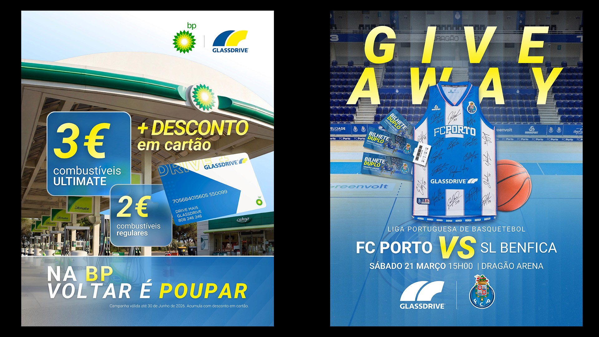 Glassdrive partnership ads: BP fuel card discount and an FC Porto signed jersey giveaway