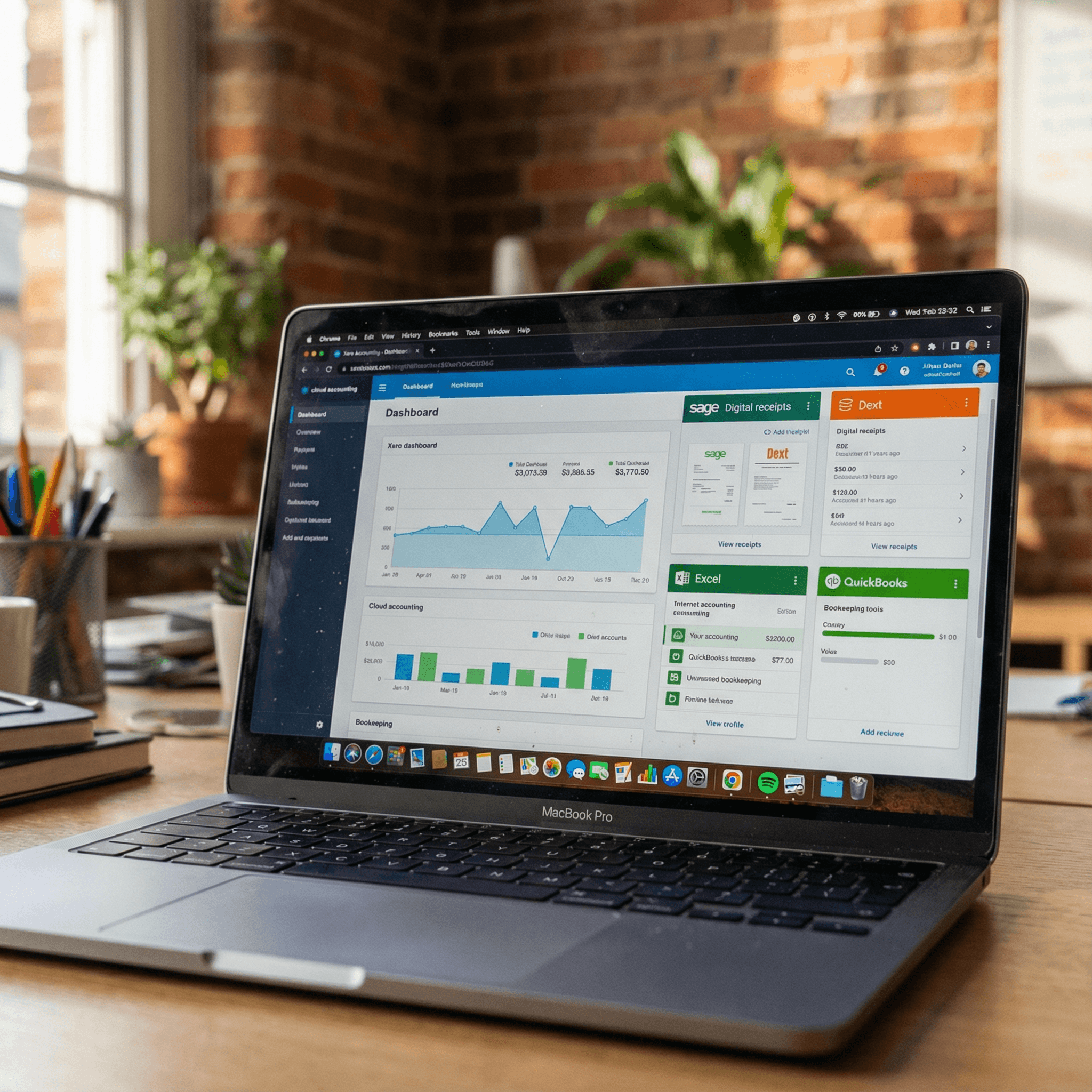 A professional woman with short dark hair wearing a beige blouse stands in a busy office.