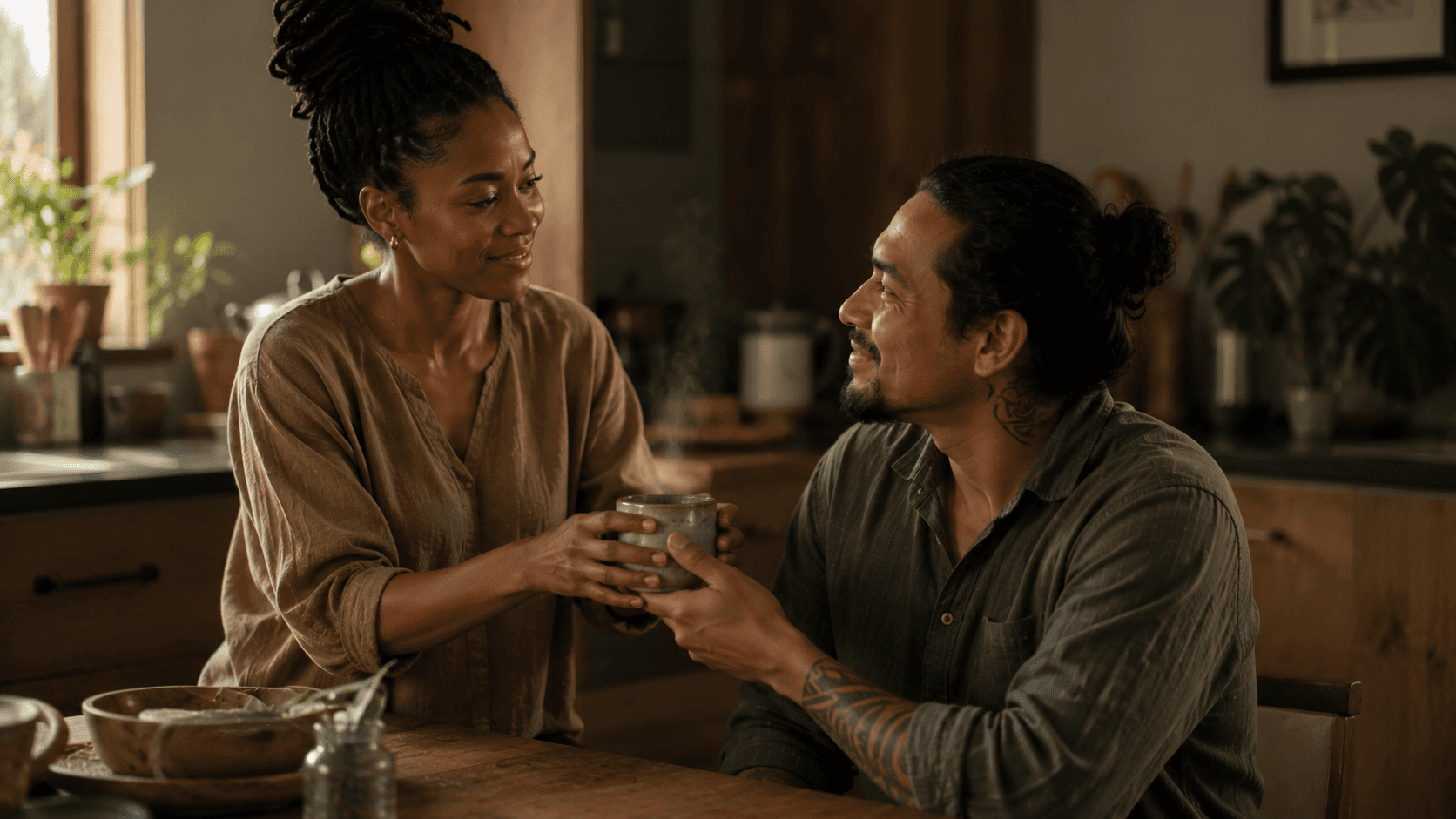 Couple sharing a warm quiet moment in a kitchen, one partner handing the other a cup of tea, love and connection