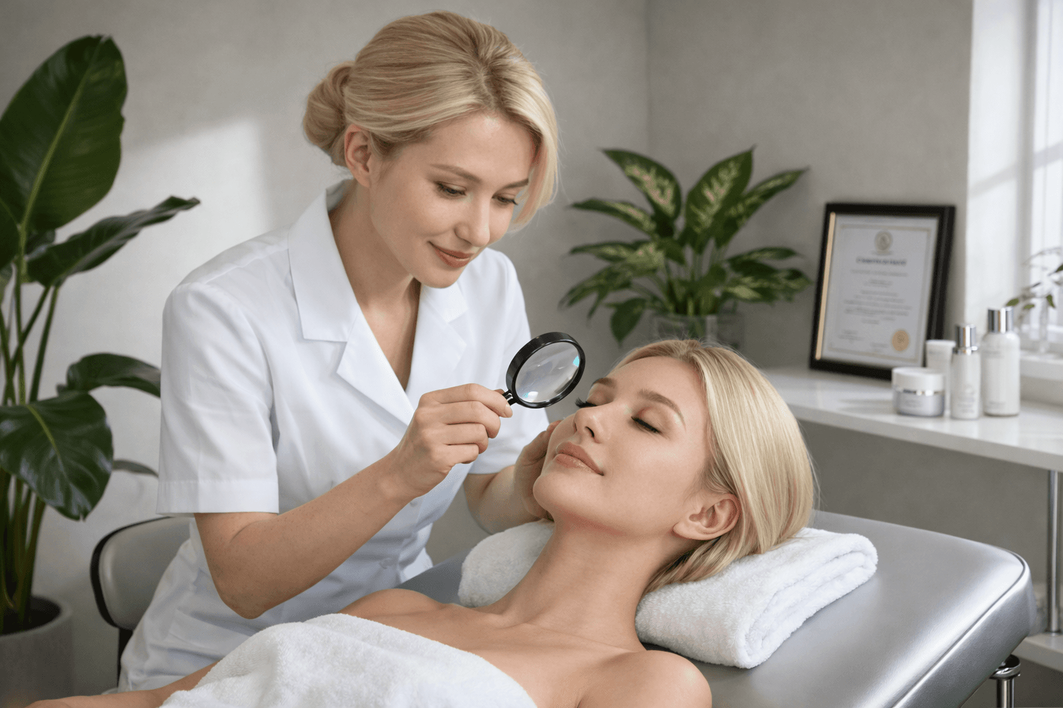 An esthetician looking at her clients skin