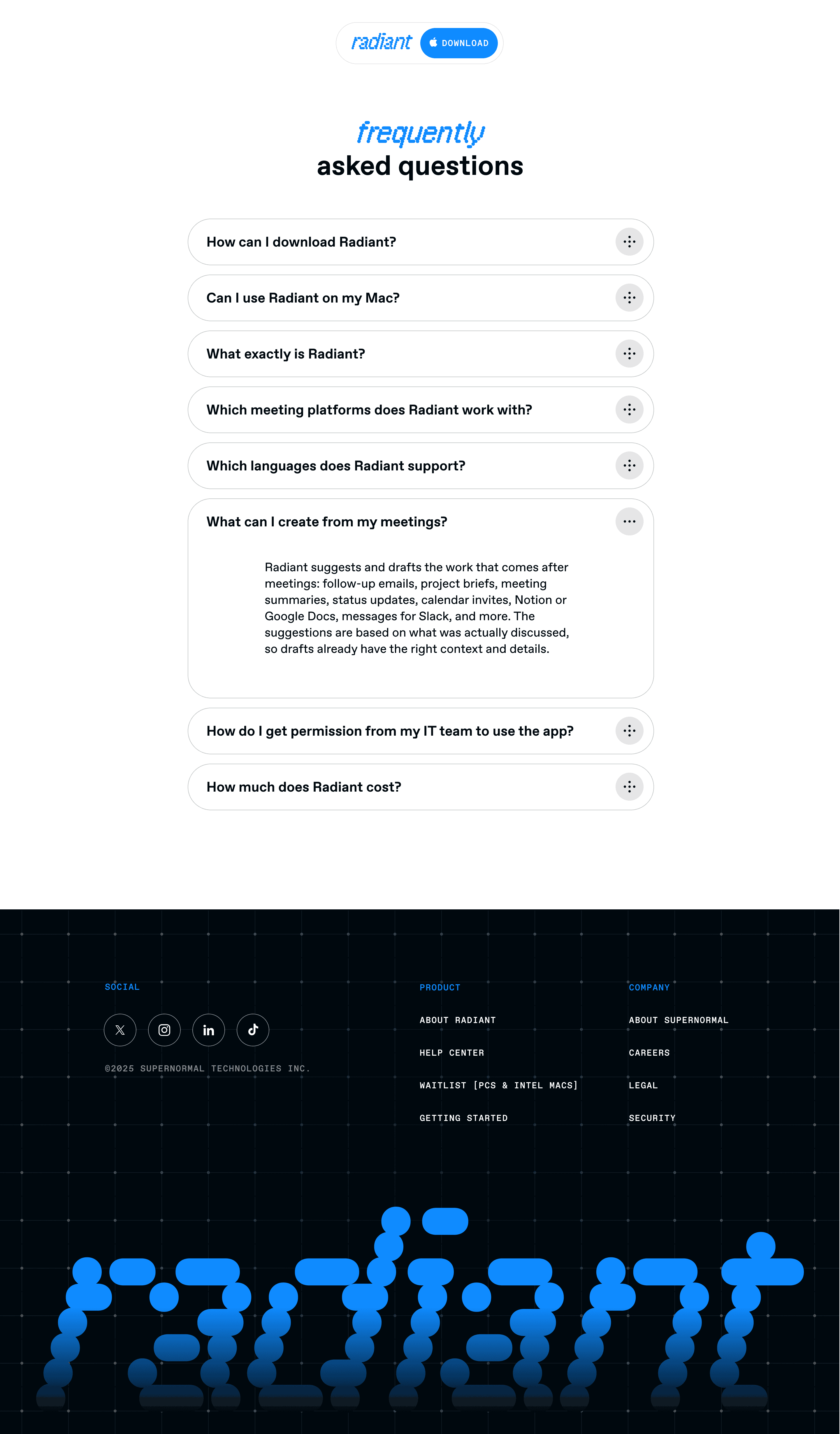 Radiant by Supernormal - FAQs & footer.