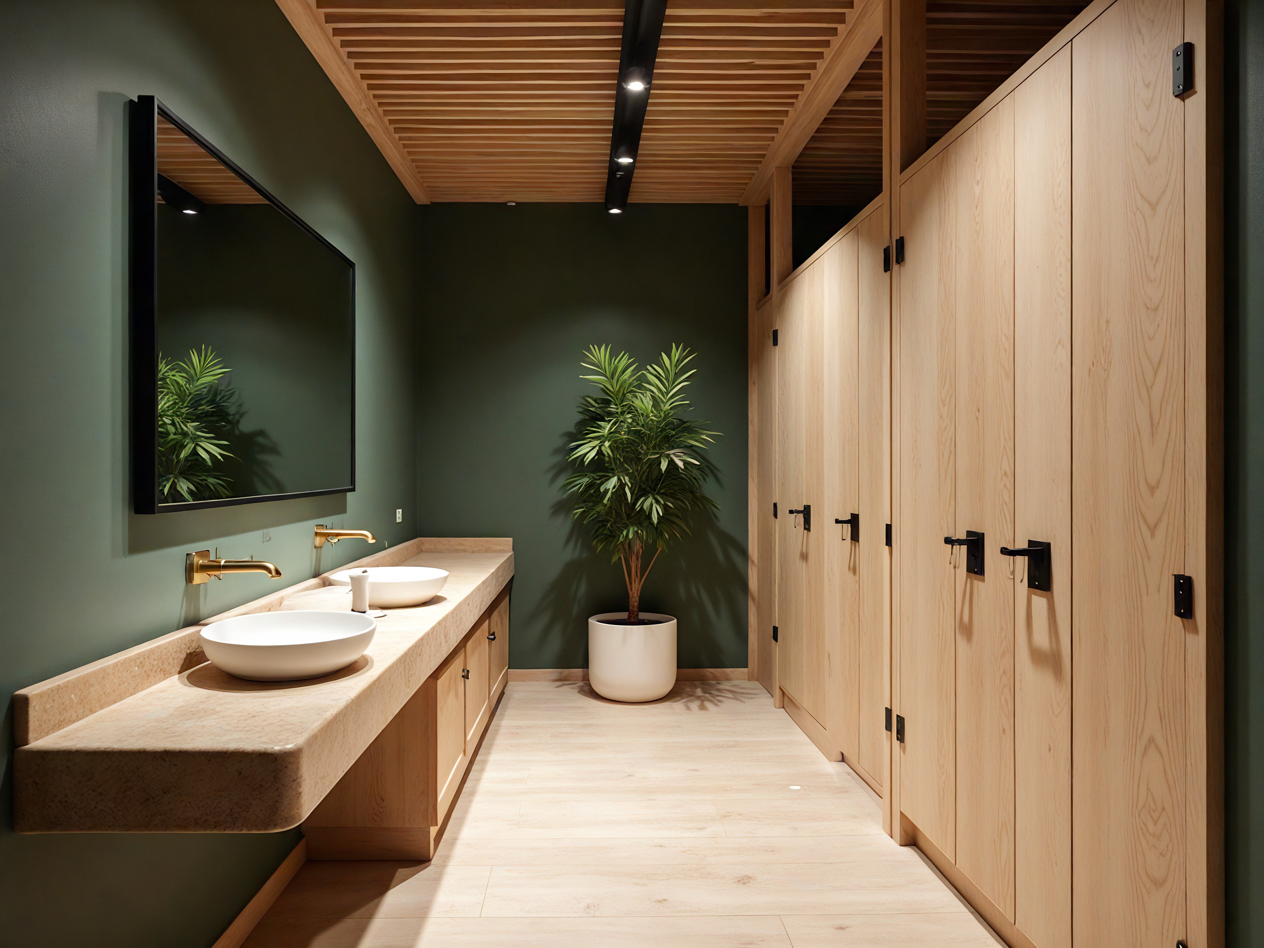 A classic and elegant bedroom with off-white walls features decorative grey raised panels and intricate ceiling moldings. In the left corner, an off-white bedside table with a curved top and three grey drawers with gold-colored handles sits, holding a large grey vase-style lamp with an off-white shade and a glass vase with small stems of tiny buds. In front of the curved, raised wall panel to the right is an off-white double-sized winged upholstered bed with light-colored bedding and beige cushions. At the foot of the bed is an ornate gold-colored and off-white upholstered bench.  A large square-shaped grey rug sits under the bed. In the far wall, between a raised panel on the left and a large, mullioned window is a white wooden door with two panels and round, gold-colored handles. To the right of the window, against the wall, is a large dark-grey vase with a healthy green plant. Sunlight streams in through the window, illuminating the room.