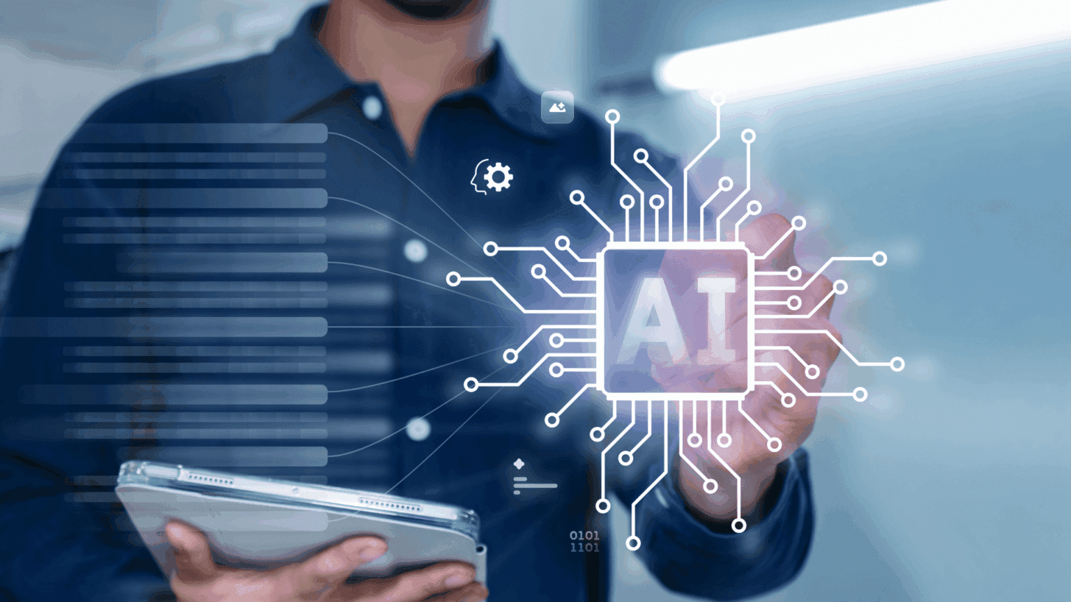 Man holding tablet runs an AI workflow in midair in front of him