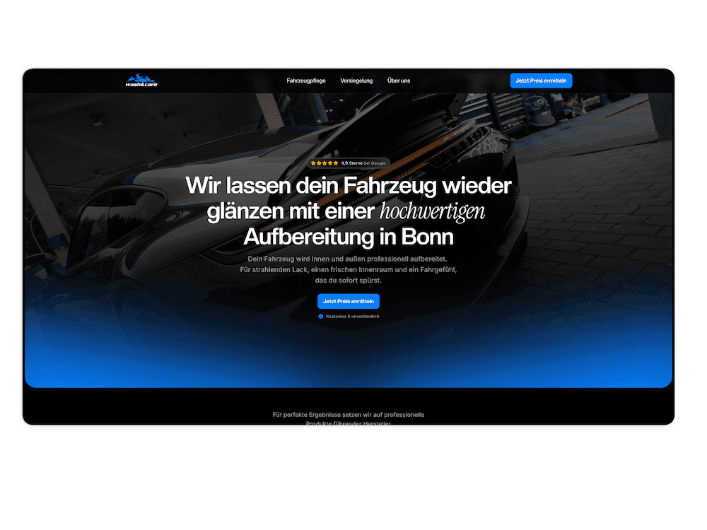 Screenshot der neuen Website Erstellung für Wash&Care aus Bonn