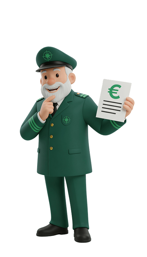 Maskottchen der Kredit Lotsen mit Dokument und Euro-Symbol als Sinnbild für Kreditvergleich, persönliche Beratung und passende Finanzierung in Deutschland.