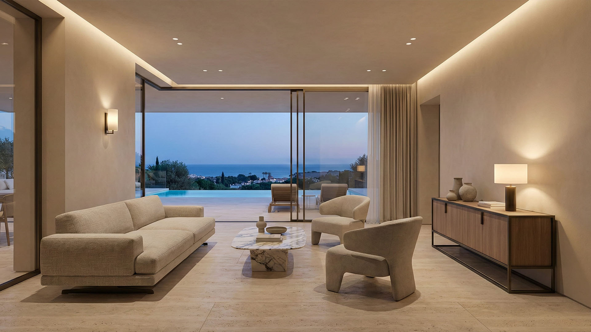 Luxury villa interior in Marbella with modern living area, designer furniture, and terrace sea view