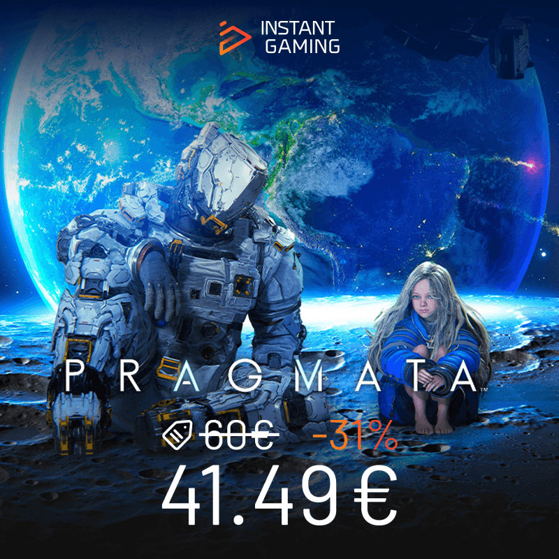 Pragmata jaquette officielle avec astronaute et enfant sur la Lune face à la Terre avec prix promotion Instant Gaming 41.49€ réduction 31%
