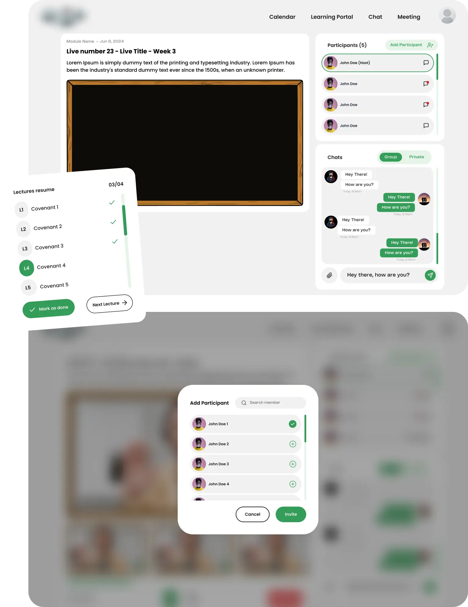 A clean student lecture interface featuring a centralized video player, integrated group chat sidebar, and real-time participant list for high-engagement learning with a A modular "Lectures Resume" navigation component showing progress tracking with checkmarks and a "Next Lecture" button to reduce student friction between modules.