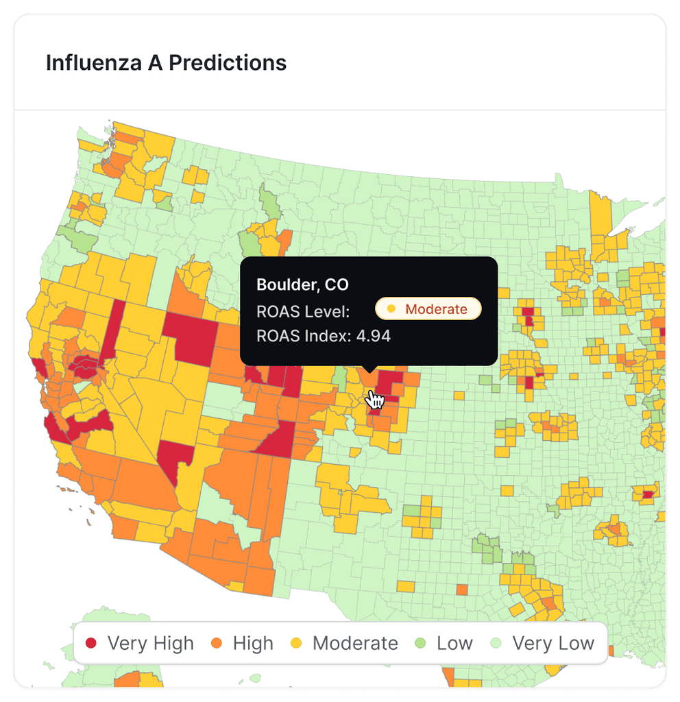 Map of US showing Influenza A predictions by county, with Boulder, CO highlighted as Moderate.