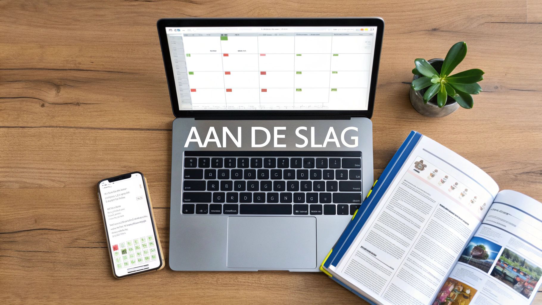 Laptop met kalender op scherm, smartphone en studieboek op bureau voor social media planning