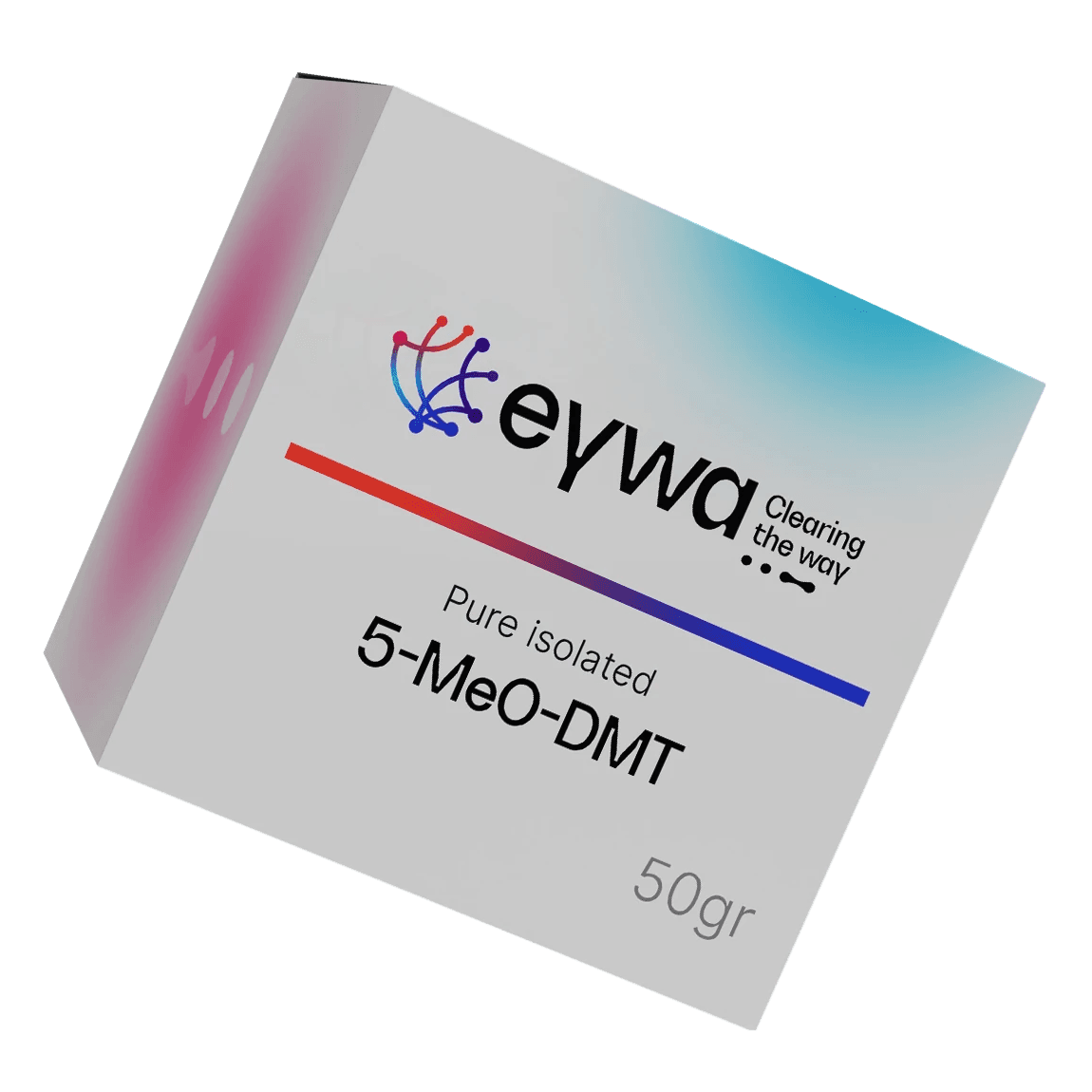 A 3D-rendered white box labeled "eywa," containing "Pure Isolated 5-MeO-DMT", with a blue and red gradient design.