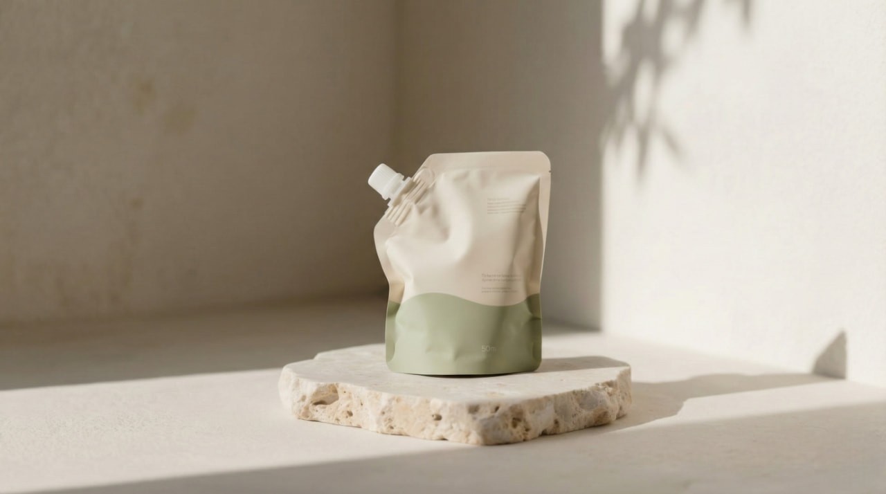 A beige and green resealable pouch sits on a textured stone slab, casting a soft shadow on a sunlit surface. The scene is minimalistic and serene.