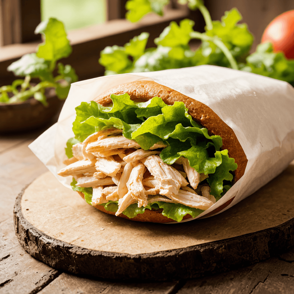 product photography of a wrapped sandwich with layers of lettuce and chicken