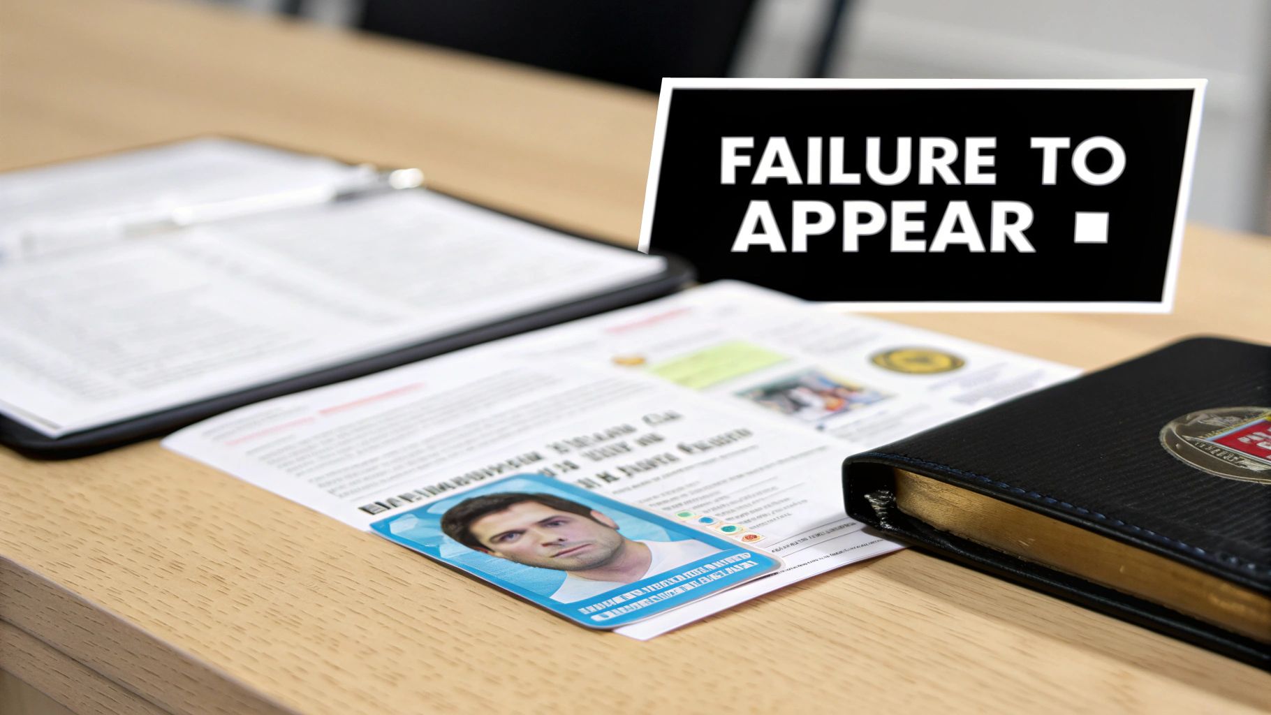 Legal documents, a man's photo ID, and a 'FAILURE TO APPEAR' sign concerning a missed court date.