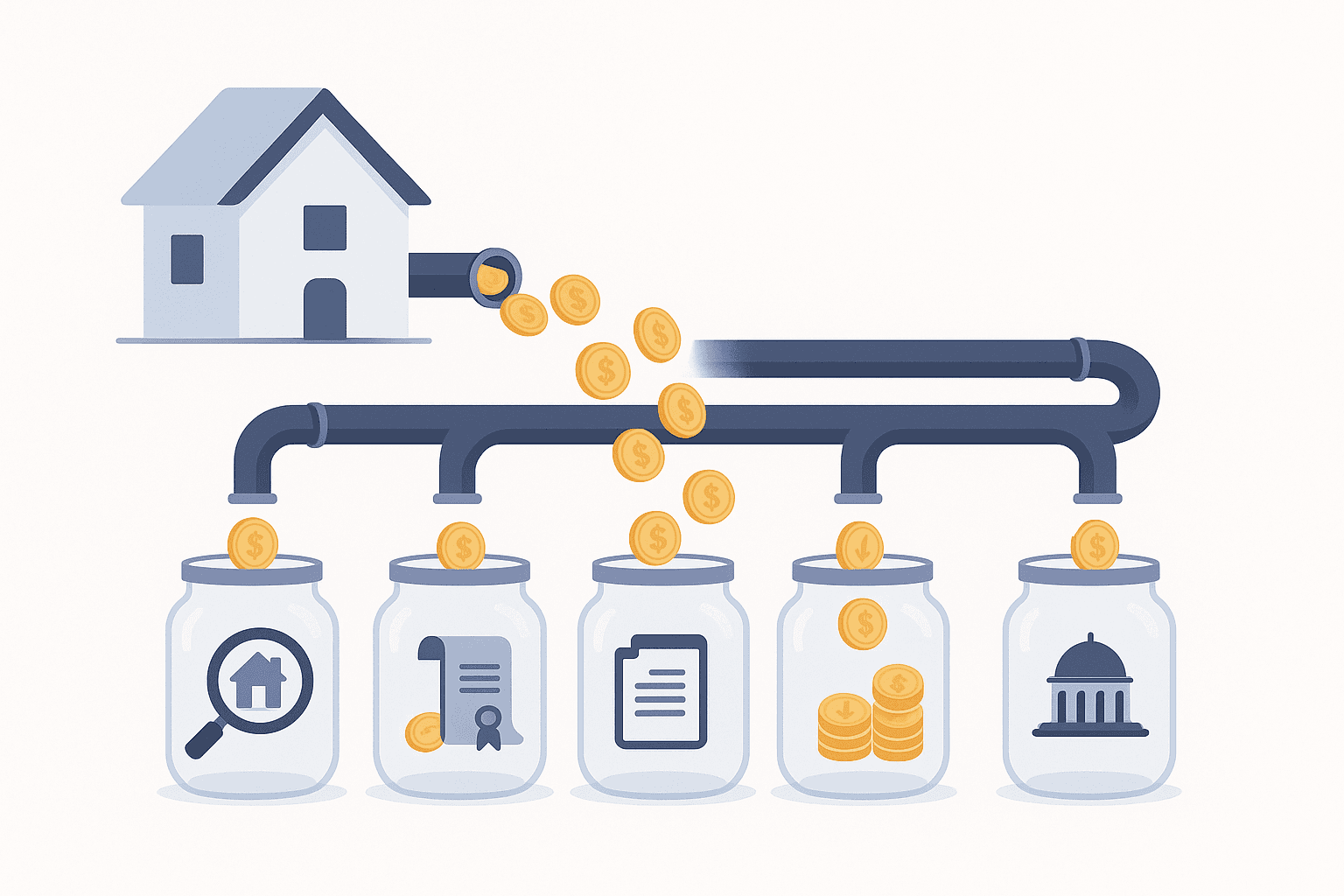 Coins flowing from a house into several fee jars, illustrating how closing costs siphon funds.
