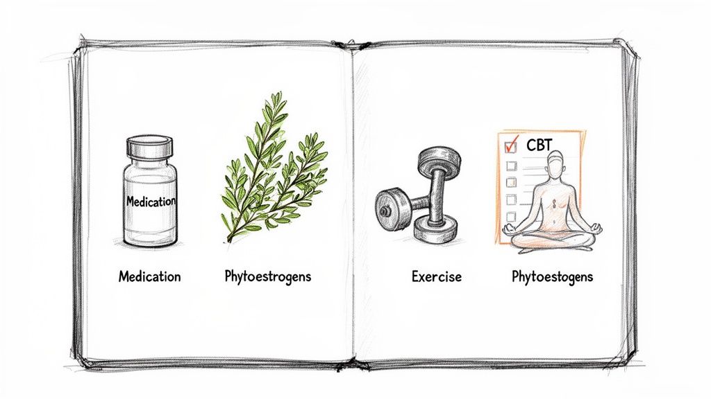 An open sketchbook displays four wellness options: medication, phytoestrogens (plant), exercise (dumbbells), and cognitive behavioral therapy (CBT) with meditation.