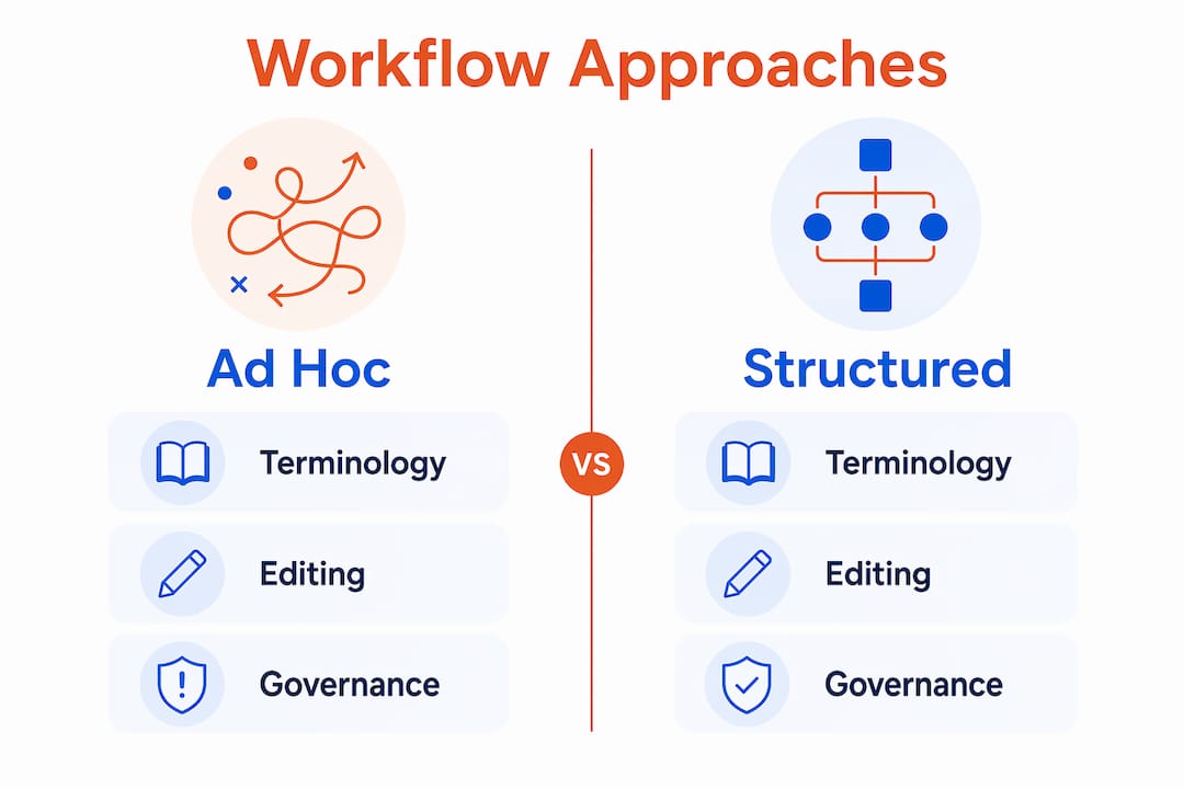 Infographic comparing ad hoc versus structured translation workflows