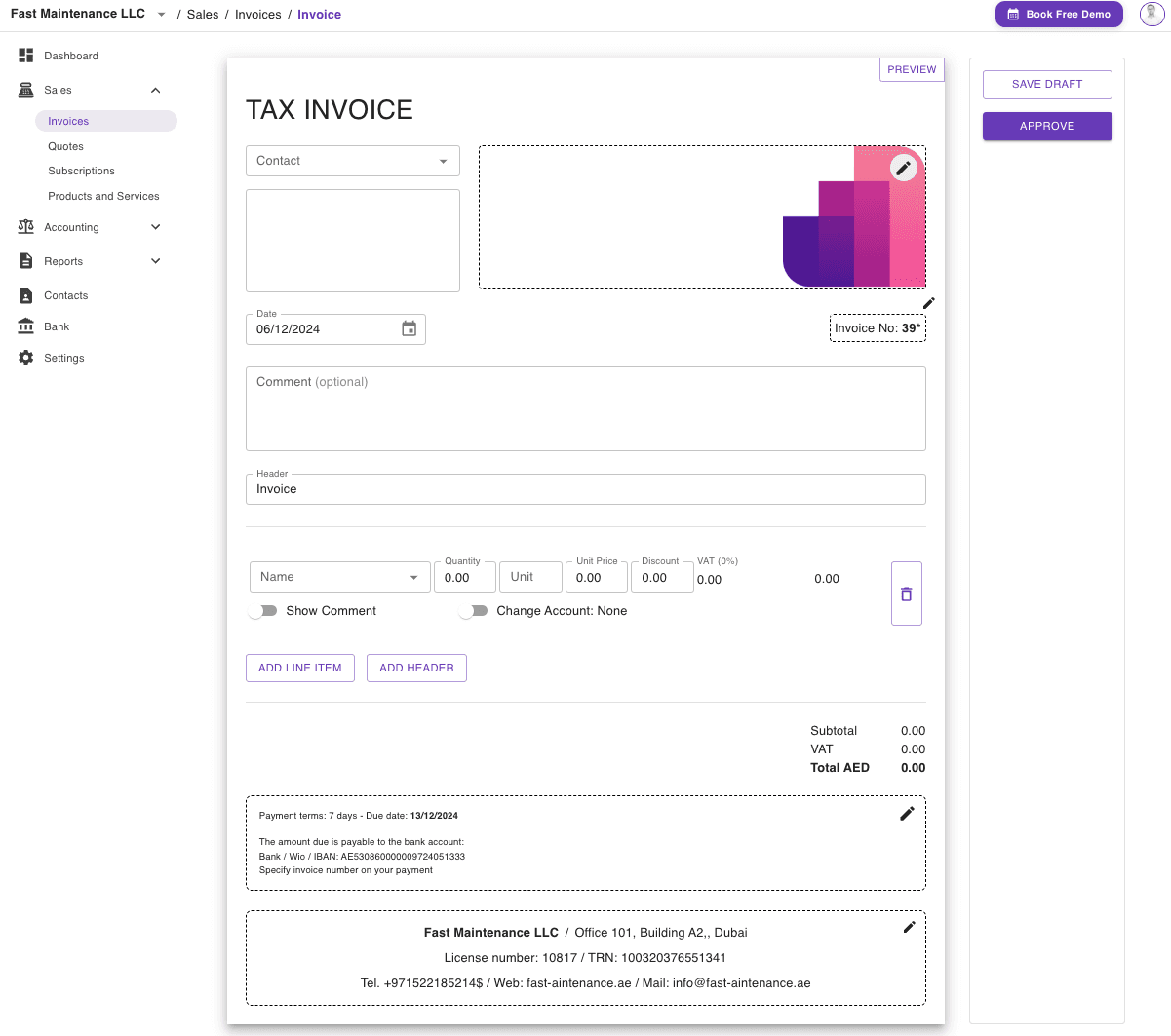 Screenshot showing where to update footer details such as TRN, license number, and contact information.