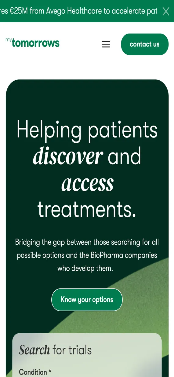 MyTomorrows homepage on mobile