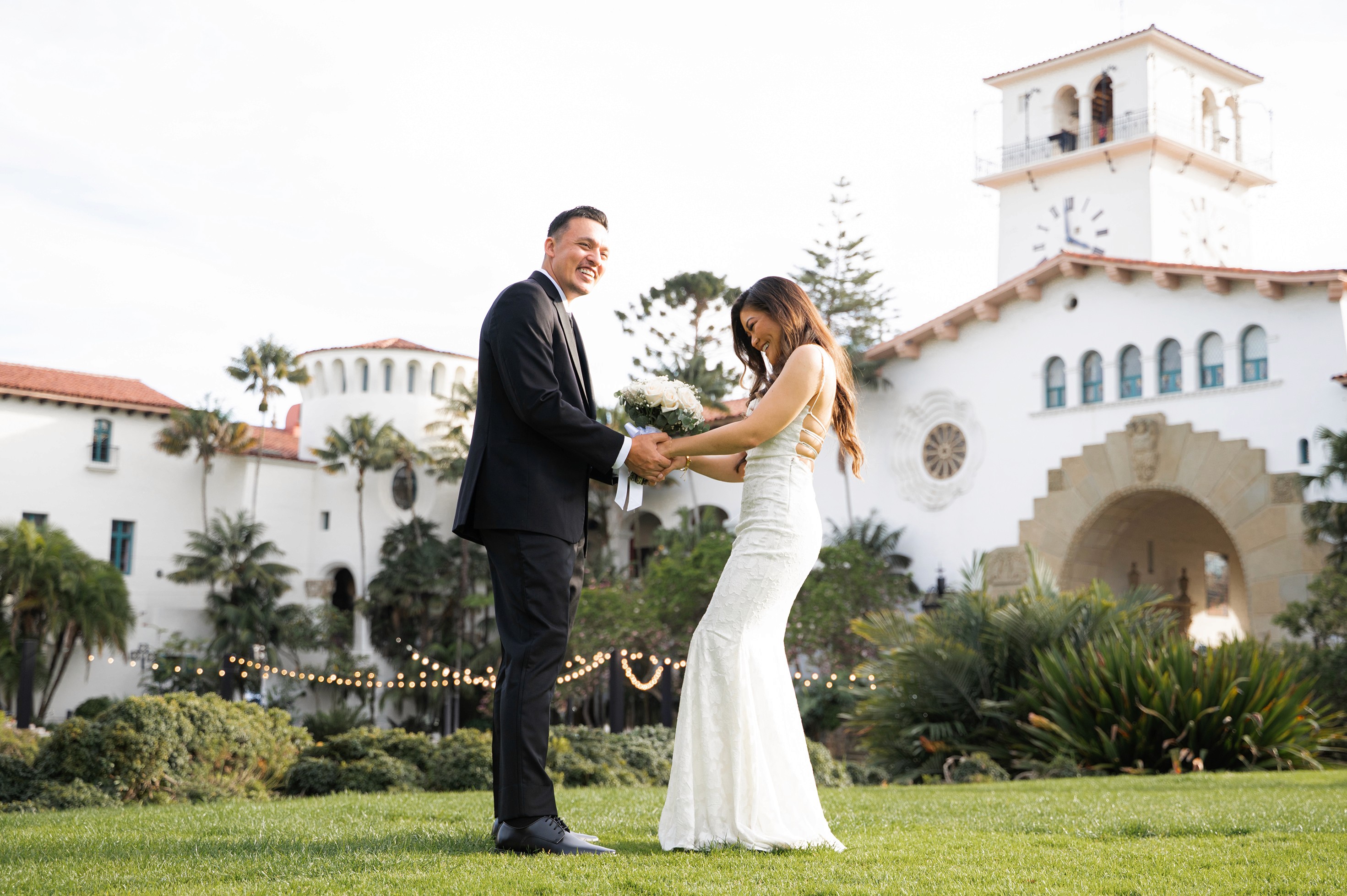 Clean courthouse elopement photos with distracting objects removed from background