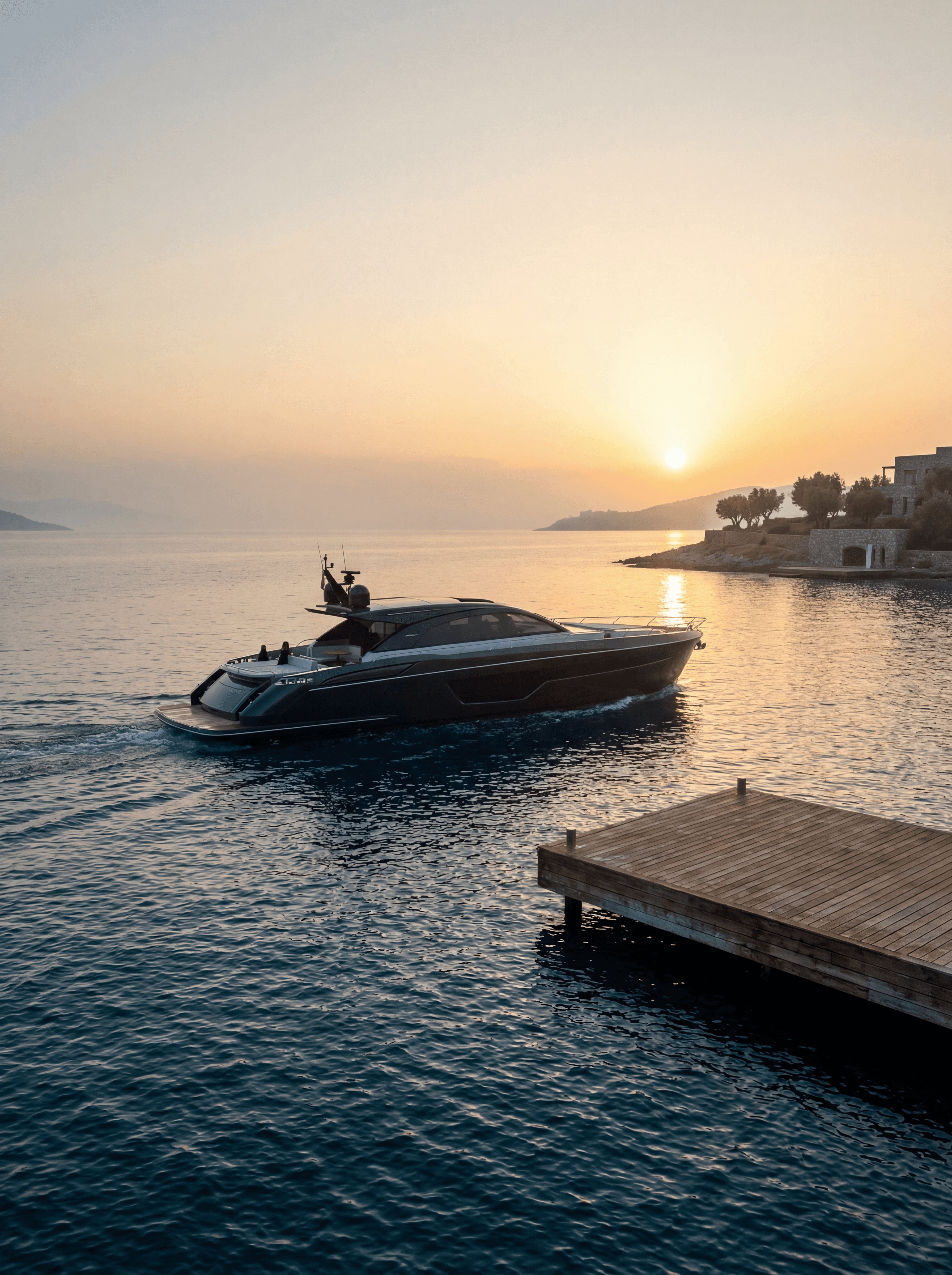 Sunset dining table by the sea in Bodrum with candles and waterfront setting