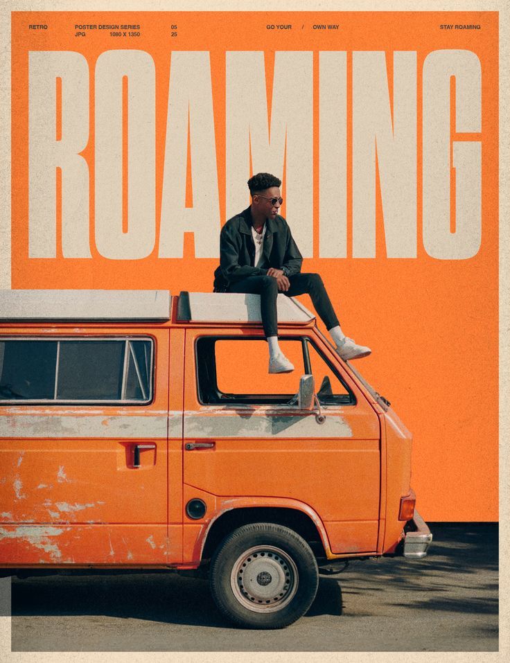 A person sits on an orange, vintage van against a bold orange background with large "ROAMING" text. The scene exudes a retro, adventurous vibe.