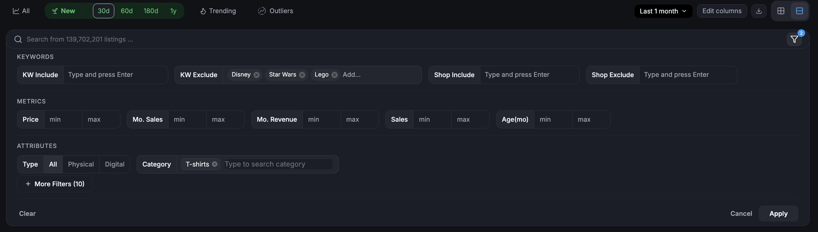 Excluding trademarked keywords like Disney and Star Wars and selecting the T-shirts category in ListingView
