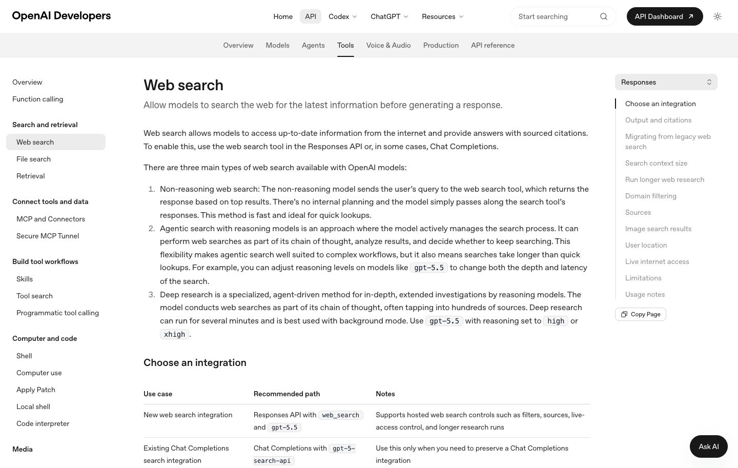 OpenAI documentation explaining web search with sourced citations