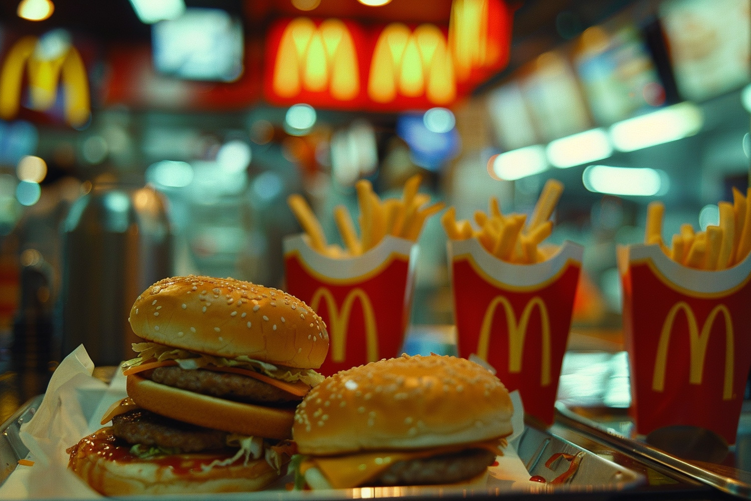 picture showing macdonalds fries and burgers placed on the table in their outlet