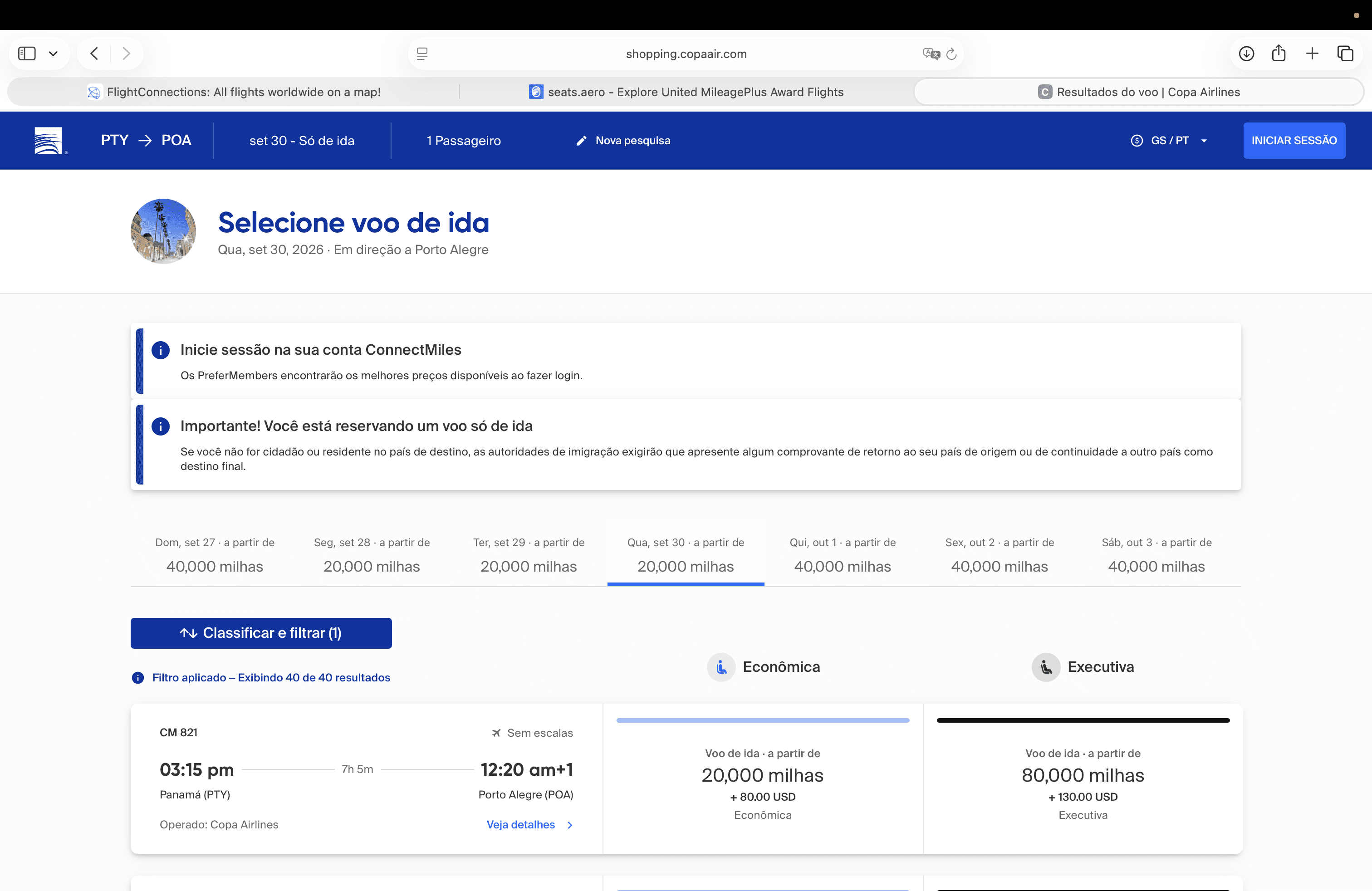 Site da Copa Airlines mostrando voo direto de Panamá para Porto Alegre por 20 mil milhas ConnectMiles mais 80 dólares em taxas.