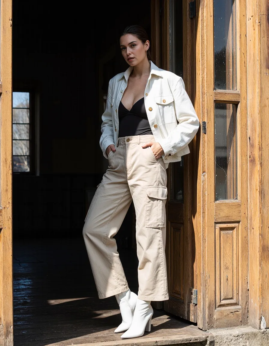 Woman in cream work wear outfit with utility jacket and cargo pants standing in rustic wooden doorway