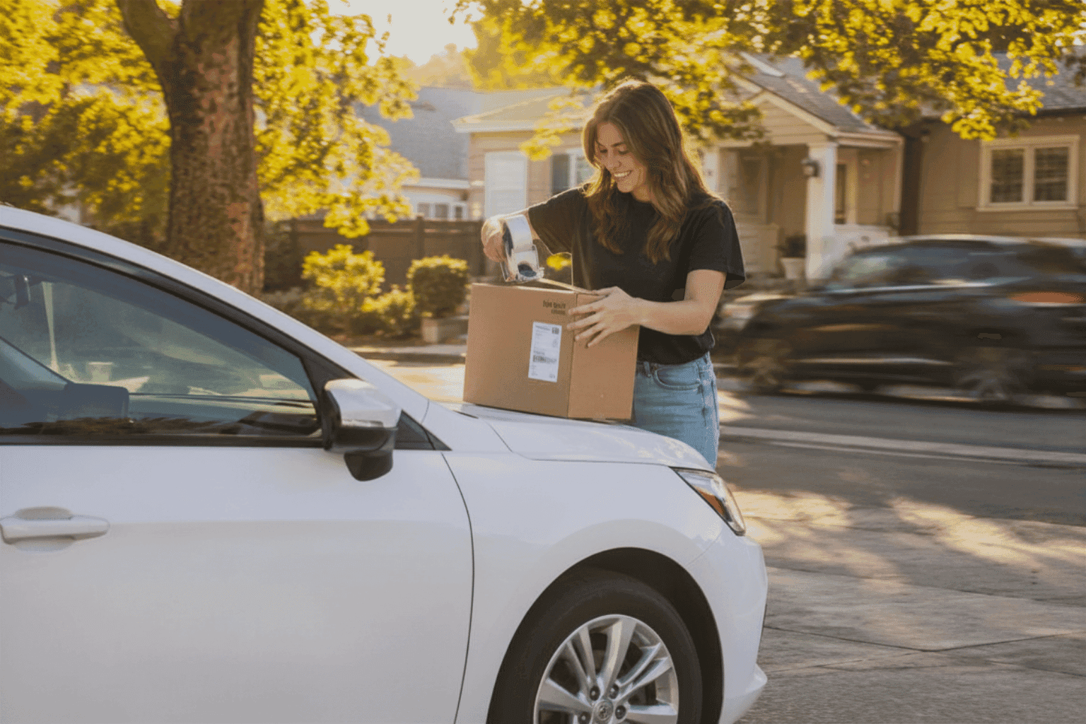 Bettr returns driver packaging a customers return with a box she provided