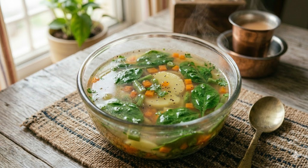 A hearty bowl of clear vegetable soup with spinach, potatoes, and carrots, seasoned with fresh coriander, served in a glass bowl on a rustic wooden table.